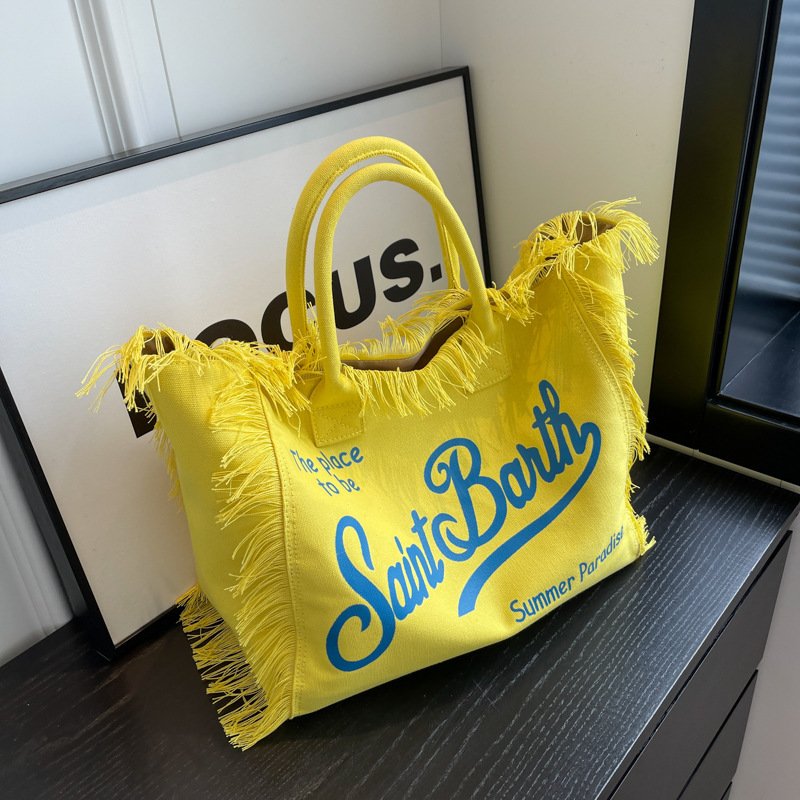 Hot Selling Large Capacity Denim Tote Bag Letter Printing Ladies Handmade Tassel Canvas Shopping Bag