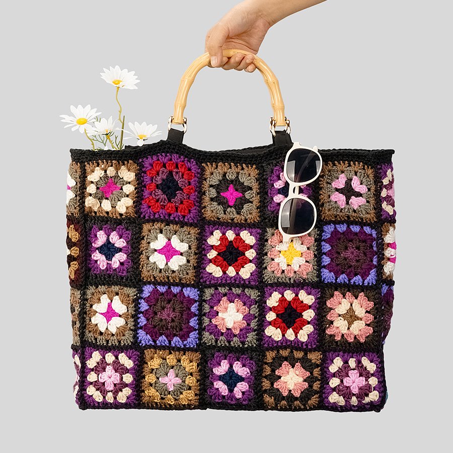 Custom Bags With Logo Vintage Woven Granny Square Handmade Tote Crochet Oversize Big Shopper Luxury Shopping Boho Bags For Woman