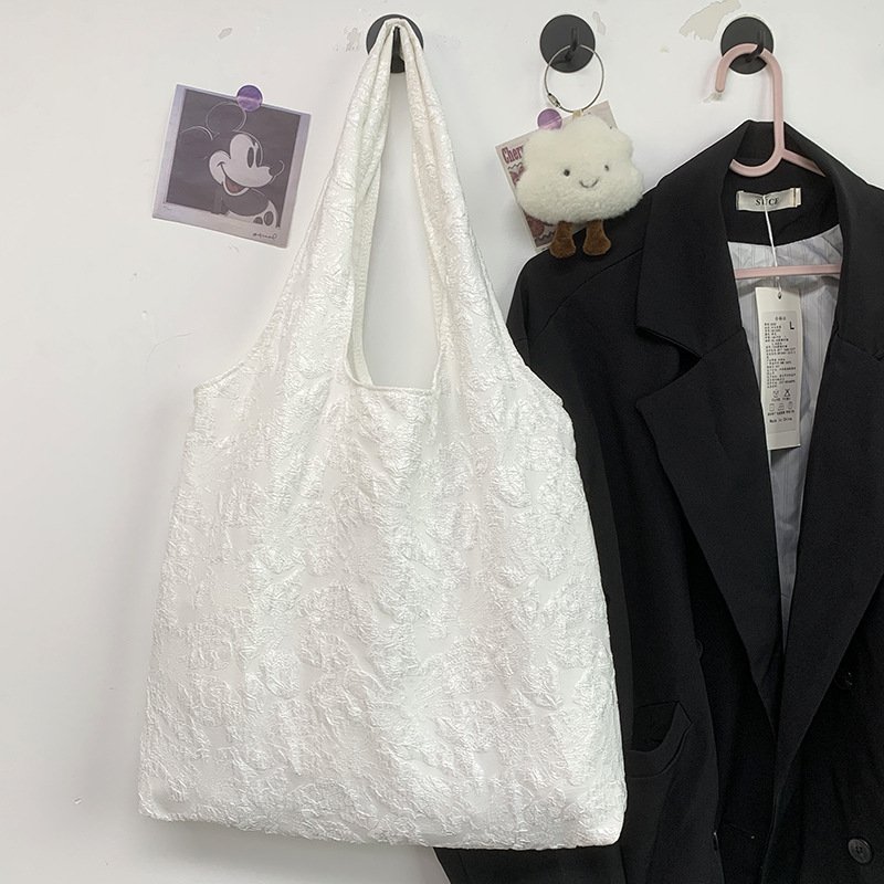 Student large capacity canvas weekend bag 2024 new design sense simple fairy flower lace shoulder bag cheap shopping bag