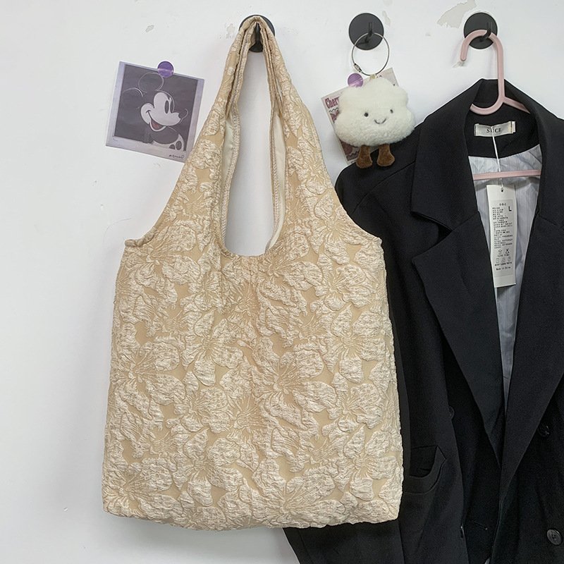 Student large capacity canvas weekend bag 2024 new design sense simple fairy flower lace shoulder bag cheap shopping bag