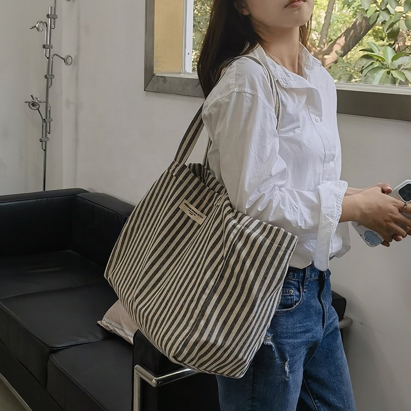 Eco-Friendly Foldable Tote Bag Vertical Striped Fabric Shopping Bag with Large Capacity Shoulder Straps