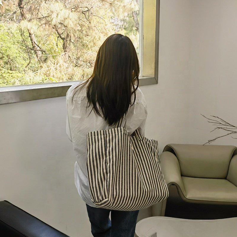 Eco-Friendly Foldable Tote Bag Vertical Striped Fabric Shopping Bag with Large Capacity Shoulder Straps