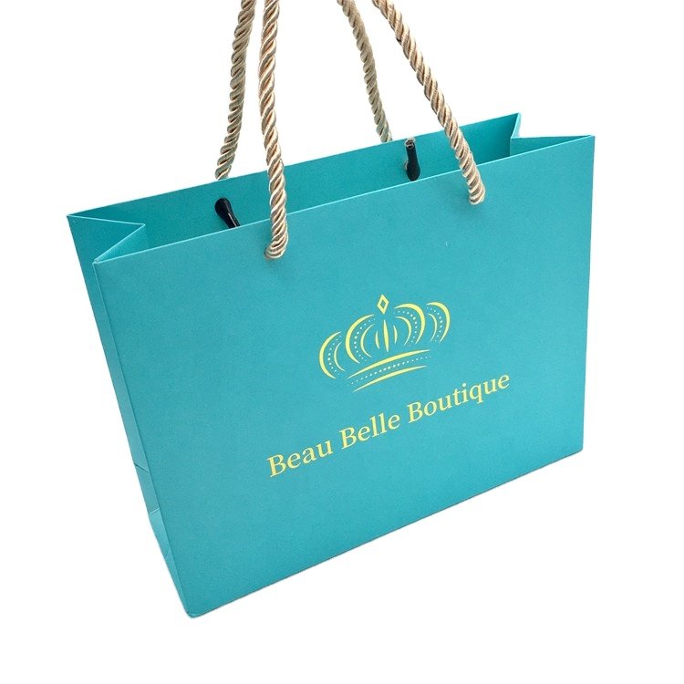 Luxury Custom Printed Laminated Blue Small Clothing Jewelry Shopping Gift Packaging Paper Bag With Logo Hot Stamping