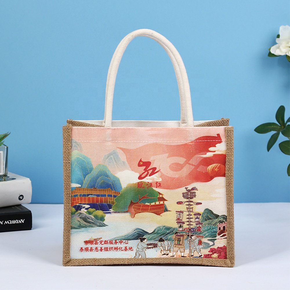 Unique Design Reusable Custom Logo Printed Tote Natural Jute Tote Bags Wholesale Trade Shoulder Shopping Bag For Marketing