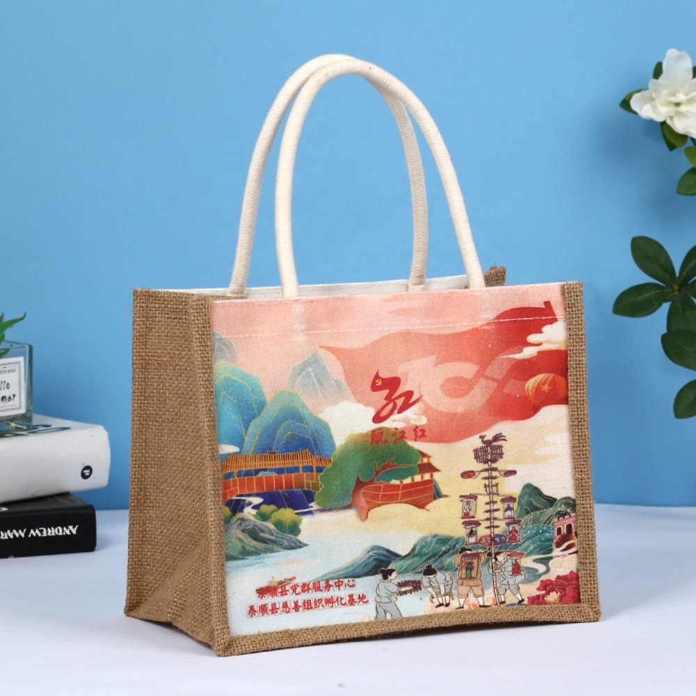Unique Design Reusable Custom Logo Printed Tote Natural Jute Tote Bags Wholesale Trade Shoulder Shopping Bag For Marketing
