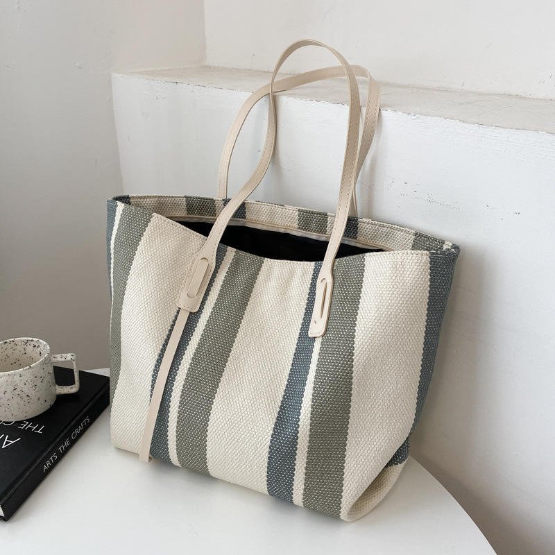 Wholesale Good Quality Design Printed Striped Cotton Canvas Women Custom Shopping Tote Bags Girls Shoulder Bag For Daily