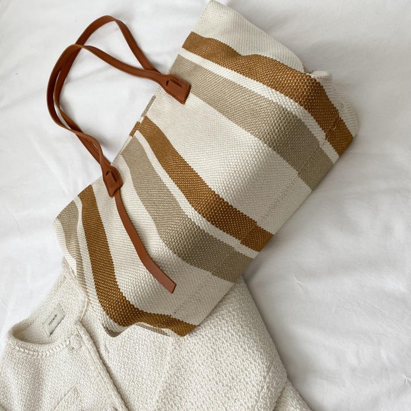 Wholesale Good Quality Design Printed Striped Cotton Canvas Women Custom Shopping Tote Bags Girls Shoulder Bag For Daily