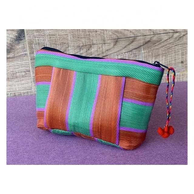 Eco-Friendly Recycled Plastic Stripe (Orange Green) Nylon Tote Bag Sustainable Cosmetic Toiletry Pouch Shopping Bag Custom Logo