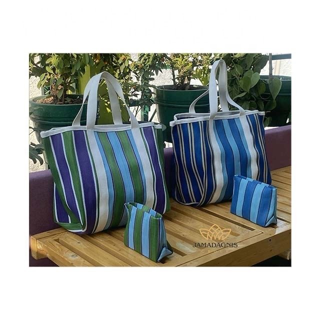 Eco-Friendly Reusable Nylon Shopping Bag Custom Striped Stand Cosmetic Toiletry Pouches Travel Beach Tote Bag with Logo