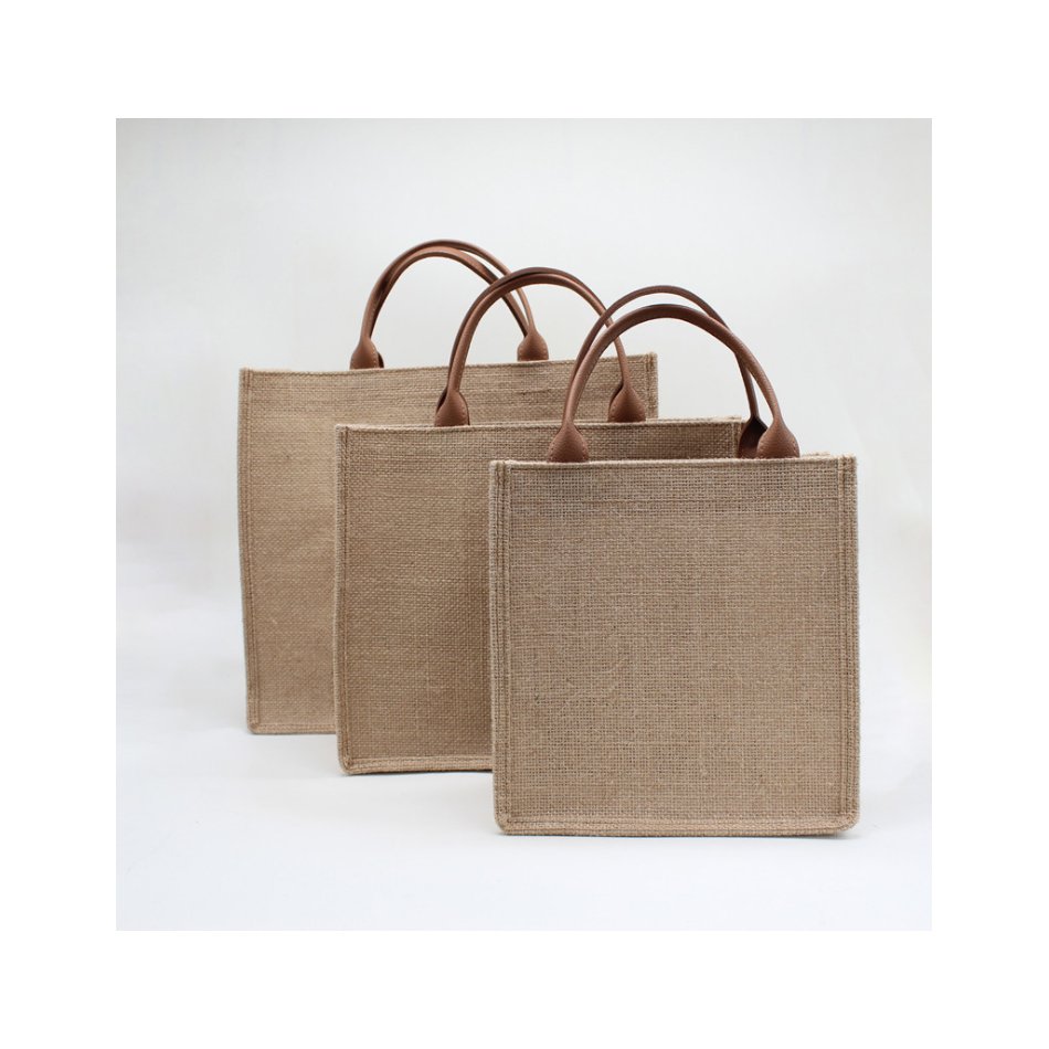 Hot Sale New Arrival Fashion Jute Tote Bag Jute Bag with Leather Handle Linen Shopping Bag
