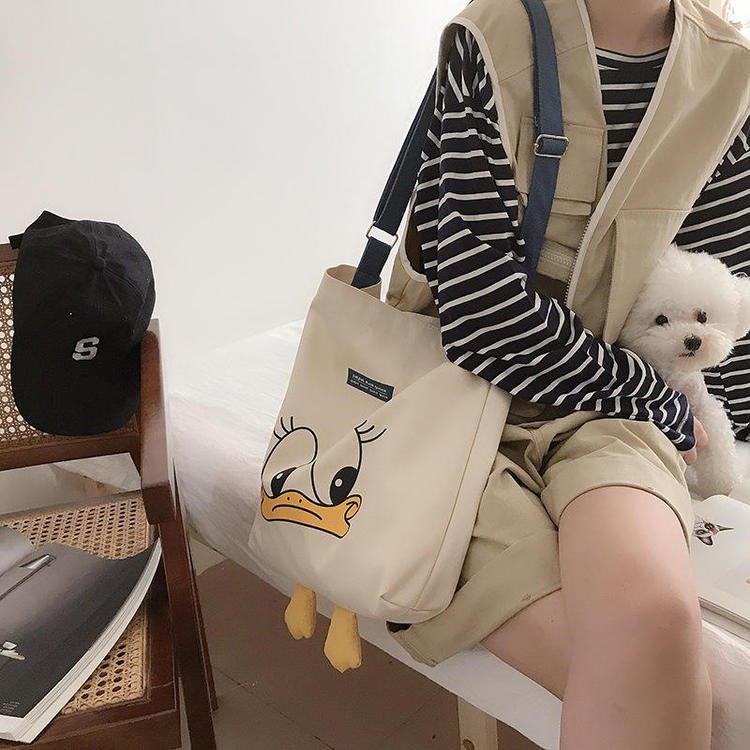 2022 New Versatile Shopping Bag Cute Duck Canvas Leisure Hand Bag Ins Shoulder Tote Bag