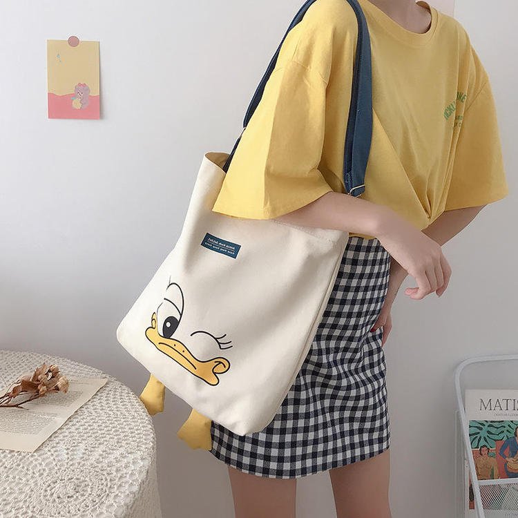2022 New Versatile Shopping Bag Cute Duck Canvas Leisure Hand Bag Ins Shoulder Tote Bag