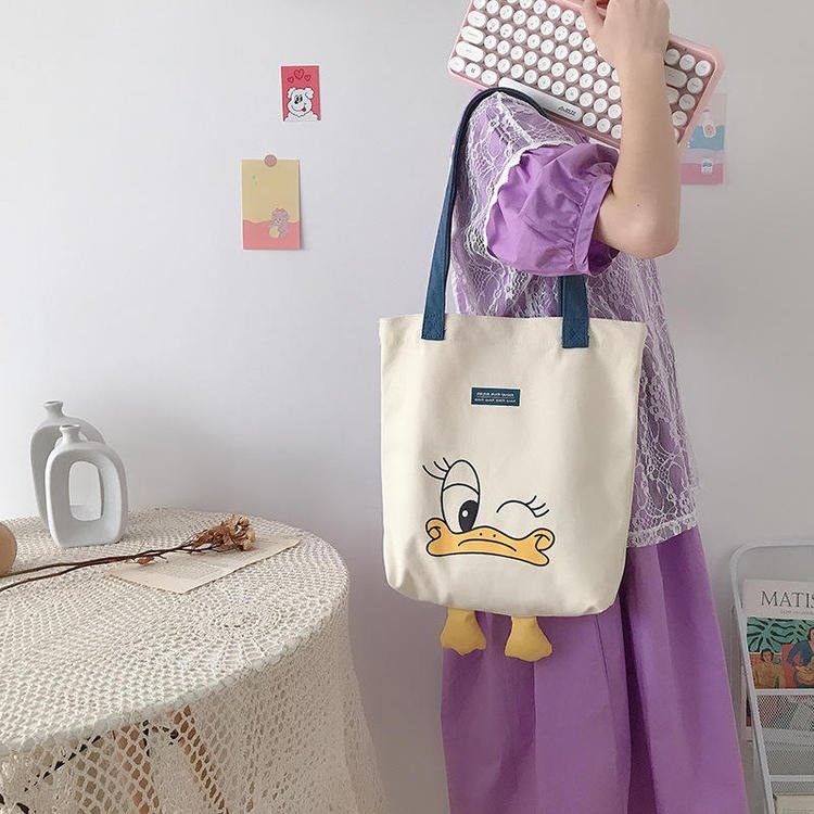 2022 New Versatile Shopping Bag Cute Duck Canvas Leisure Hand Bag Ins Shoulder Tote Bag