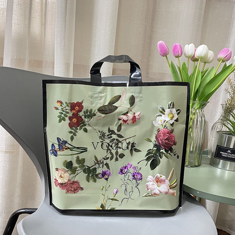 Thank You Flowered Plastic Shopping Bag With Handle Customized Logo Print Standard Size High Quality Heavy Duty Shopping Bag