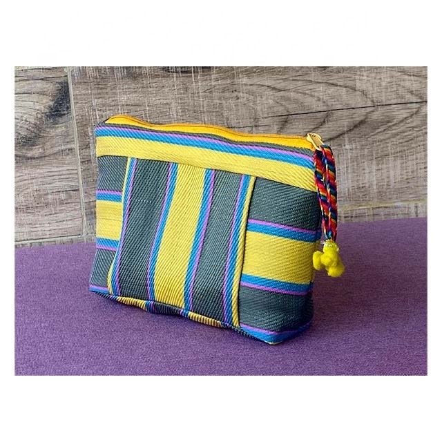 Eco-Friendly Recycled Plastic Stripe (YellowGreen) Cosmetic Toiletry Pouch Bag Sustainable Nylon Tote Shopping Bag Custom Logo