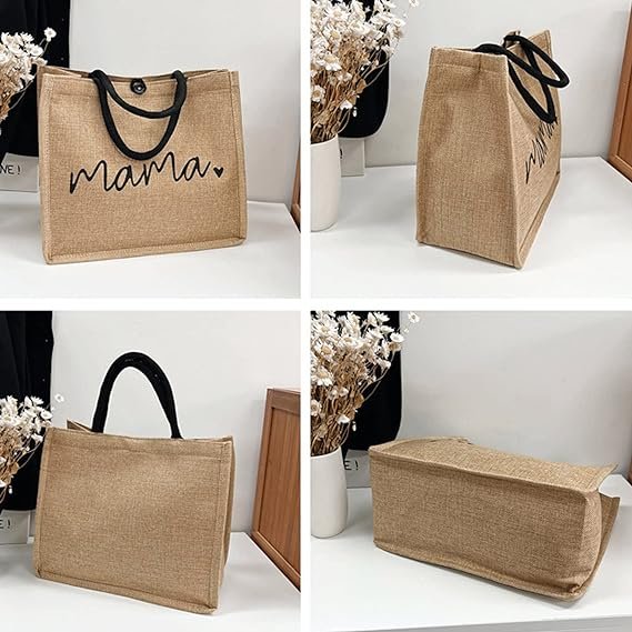 Custom Lunch Hospital Shopping Beach Mother's Day Gift Mom Love Waterproof Black Handle Button Jute Bags
