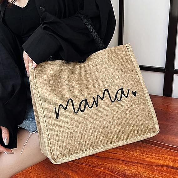 Custom Lunch Hospital Shopping Beach Mother's Day Gift Mom Love Waterproof Black Handle Button Jute Bags