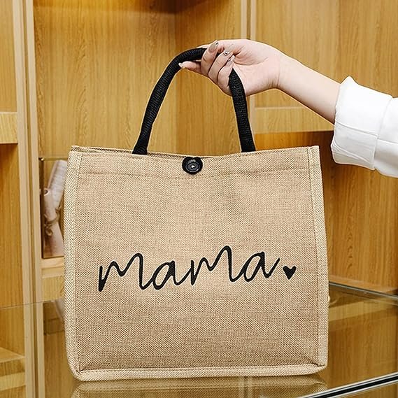 Custom Lunch Hospital Shopping Beach Mother's Day Gift Mom Love Waterproof Black Handle Button Jute Bags