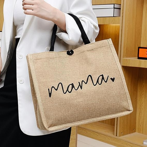 Custom Lunch Hospital Shopping Beach Mother's Day Gift Mom Love Waterproof Black Handle Button Jute Bags