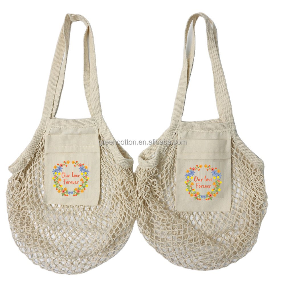 Custom Logo Portable Reusable Grocery Bags Fruit Vegetable Bag Washable Cotton Mesh String Organic Cotton Net Shopping Handbag