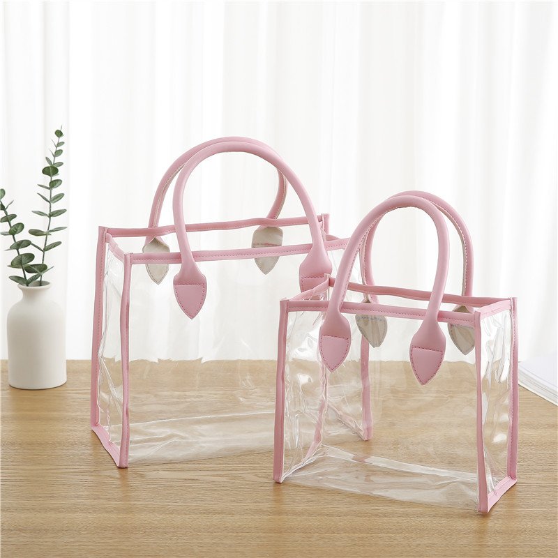 Wholesale clear PVC tote shopping bags custom logo PU handle bags beach waterproof gift bag for wedding