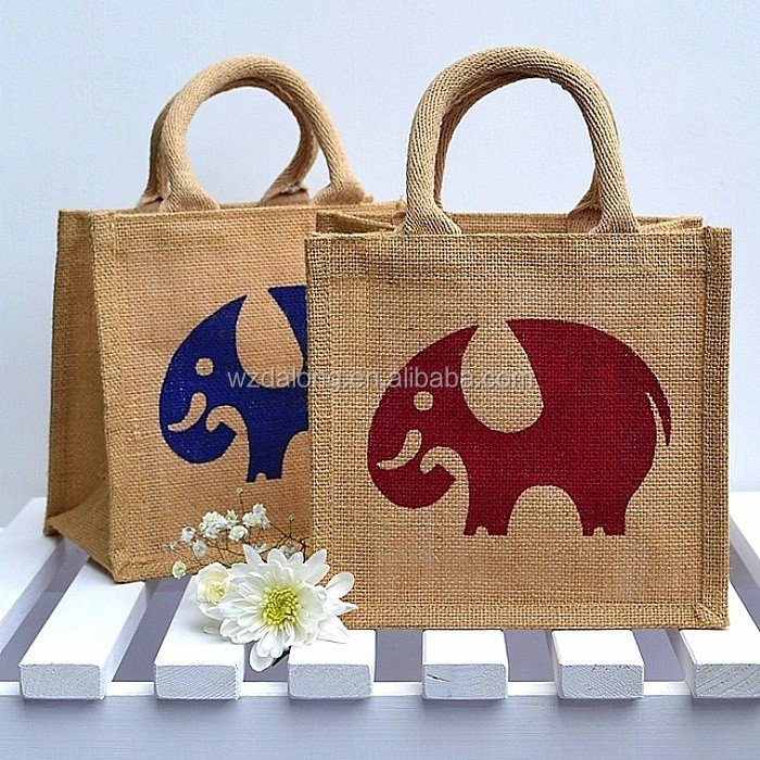 small cute Jute Beach Tote Bag for kids, elephant bird owl shopping Bag BSCI SEDEX