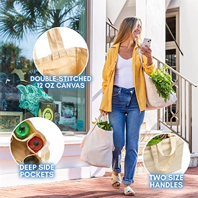 Heavy Duty Washable Tote Bags Large Capacity Supermarket Shopping Bags Eco-friendly Reusable Cotton Shopping Bags with Custom