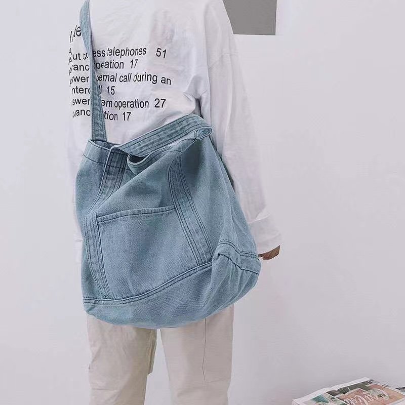 Womens Casual Denim Handbag Shoulder Bag Purse Soft Jeans Shopping Bag Large Capacity Tote Holes Bag