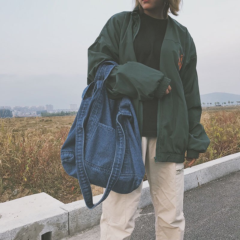Womens Casual Denim Handbag Shoulder Bag Purse Soft Jeans Shopping Bag Large Capacity Tote Holes Bag