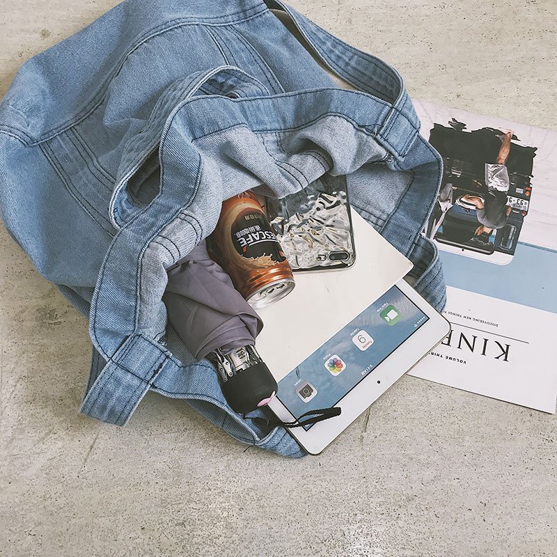 Womens Casual Denim Handbag Shoulder Bag Purse Soft Jeans Shopping Bag Large Capacity Tote Holes Bag