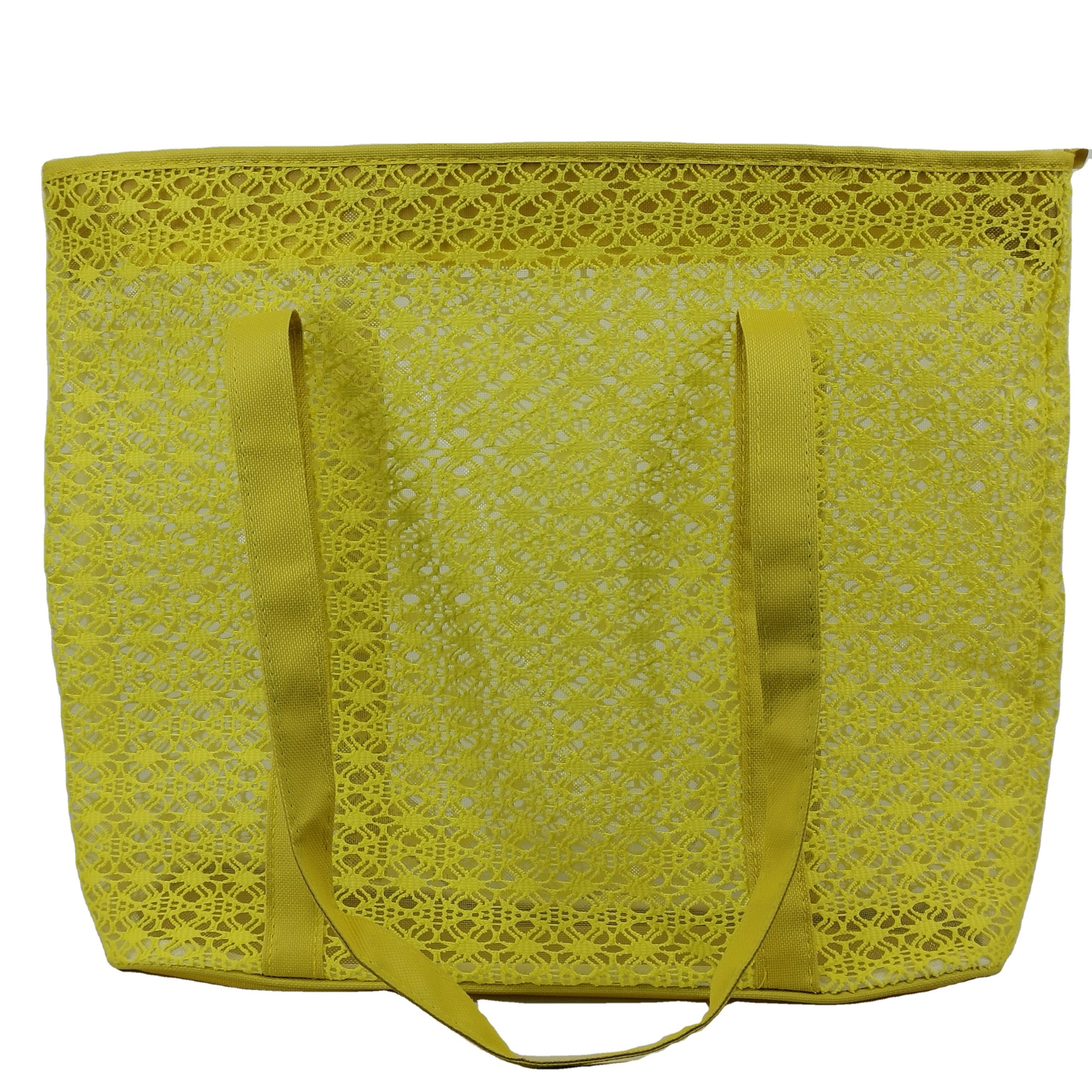 Custom Reusable Yellow Shopping Bags Two Handles Large Capacity Nylon Mesh Linen Lining Thread Pattern Popular Cover Closure