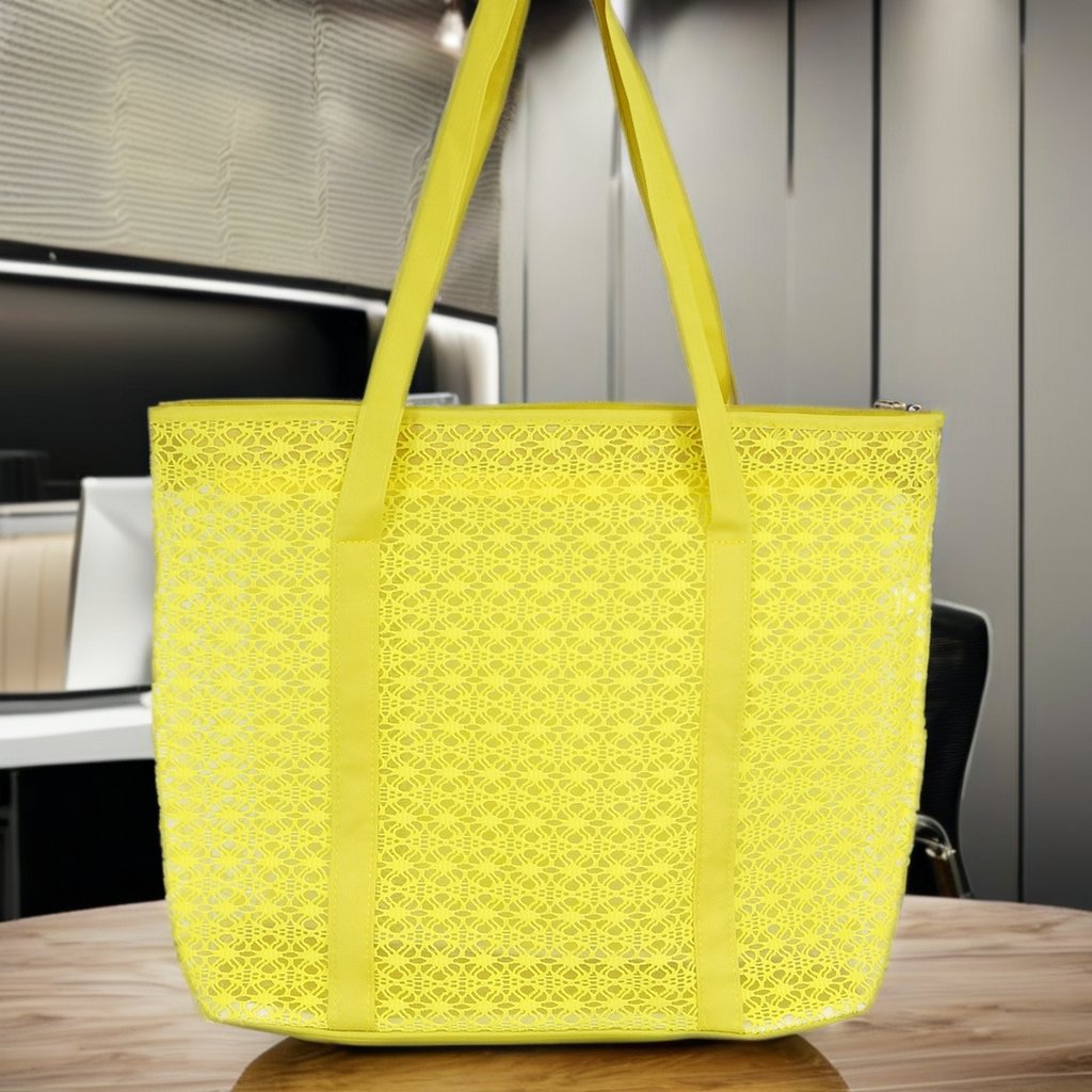 Custom Reusable Yellow Shopping Bags Two Handles Large Capacity Nylon Mesh Linen Lining Thread Pattern Popular Cover Closure