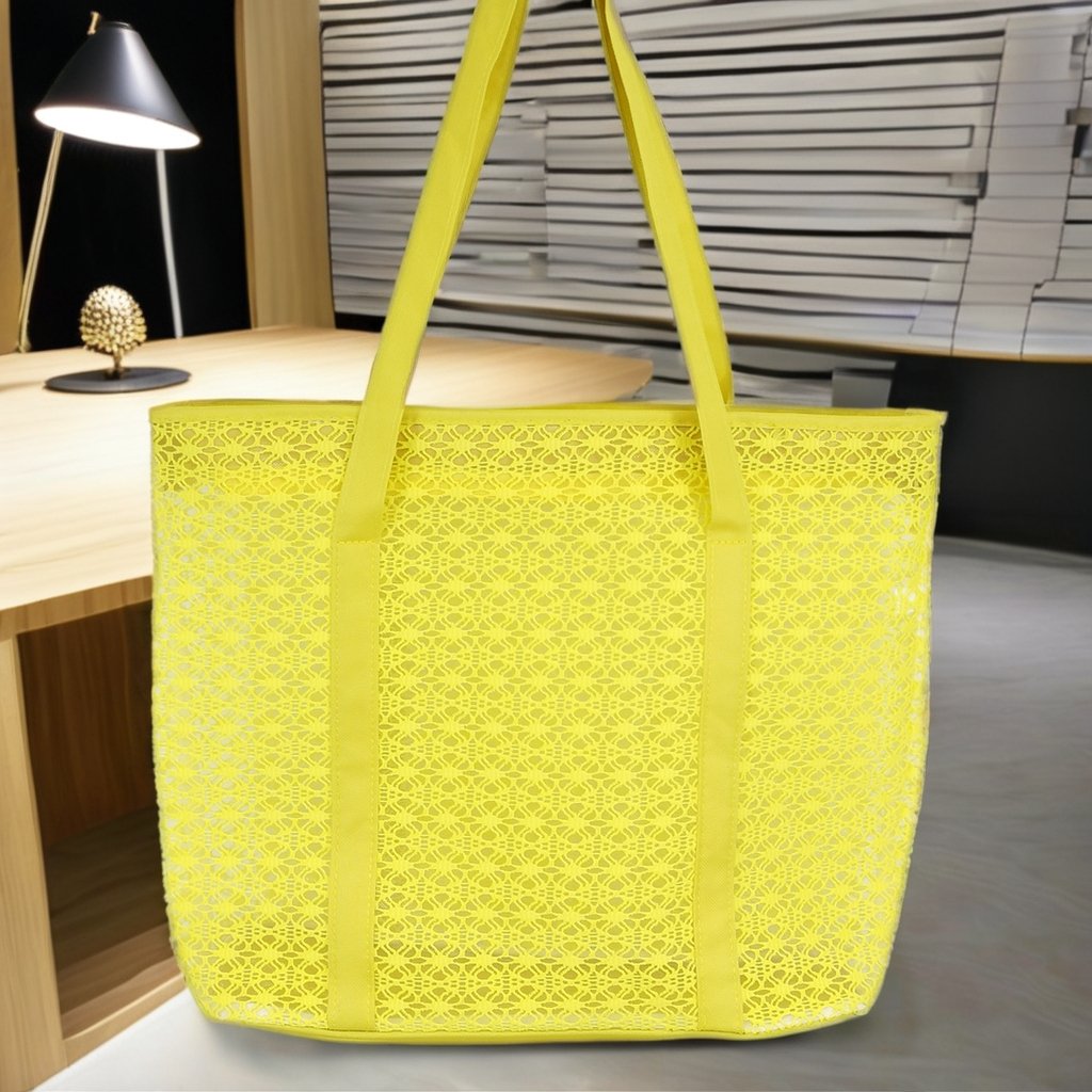 Custom Reusable Yellow Shopping Bags Two Handles Large Capacity Nylon Mesh Linen Lining Thread Pattern Popular Cover Closure