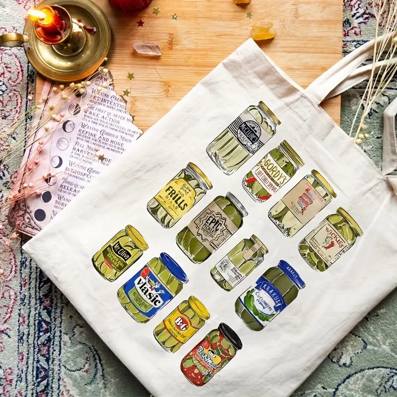 1pcVintage Pickle patternTote Canvas Personalized Shoulder Bag For Travel Women's Reusable Shopping Bag With Custom Printed Logo