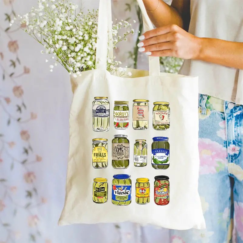 1pcVintage Pickle patternTote Canvas Personalized Shoulder Bag For Travel Women's Reusable Shopping Bag With Custom Printed Logo