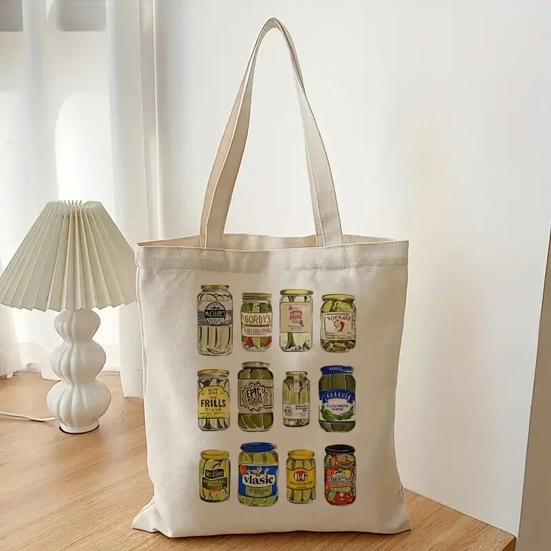 1pcVintage Pickle patternTote Canvas Personalized Shoulder Bag For Travel Women's Reusable Shopping Bag With Custom Printed Logo