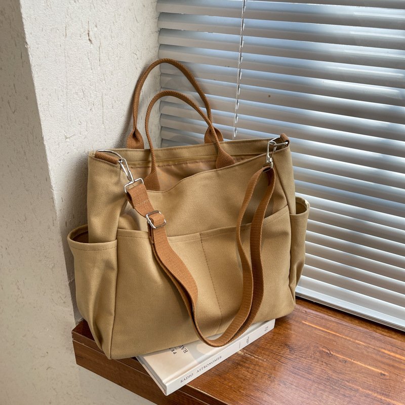 reusable portable high capacity customized Logo tote shopping bag messenger Cotton canvas bag with front and side pocket