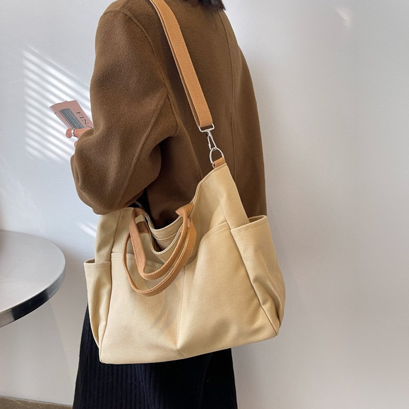 reusable portable high capacity customized Logo tote shopping bag messenger Cotton canvas bag with front and side pocket