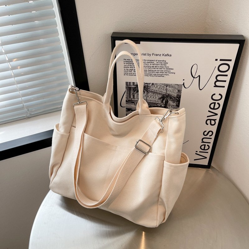 reusable portable high capacity customized Logo tote shopping bag messenger Cotton canvas bag with front and side pocket