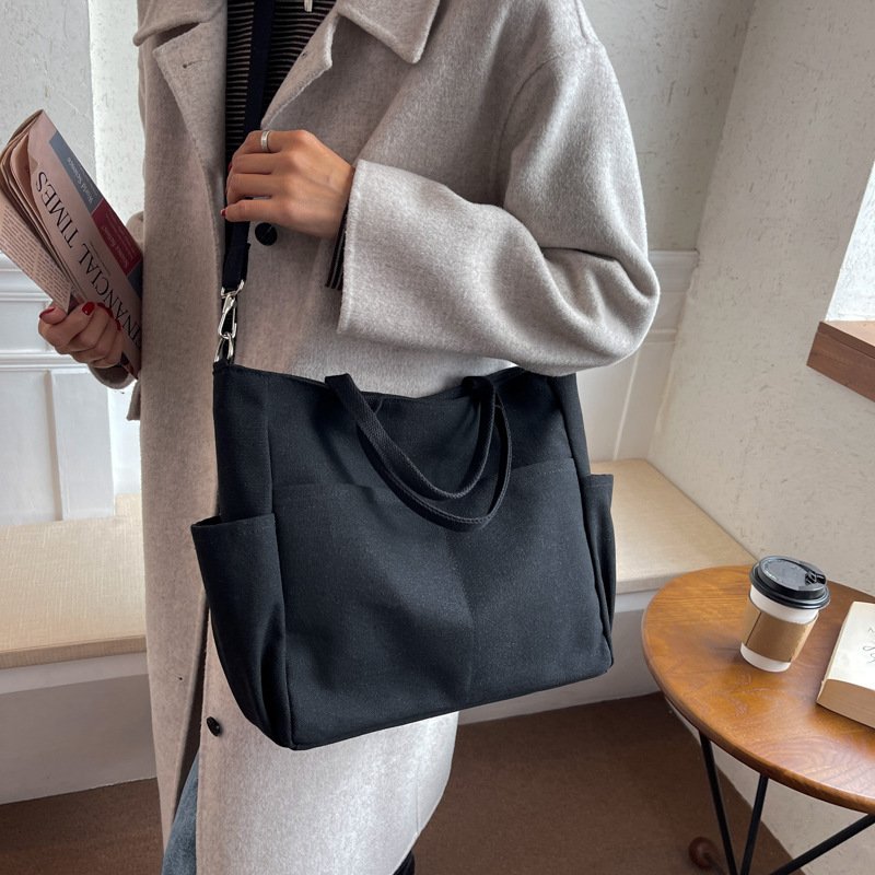 reusable portable high capacity customized Logo tote shopping bag messenger Cotton canvas bag with front and side pocket