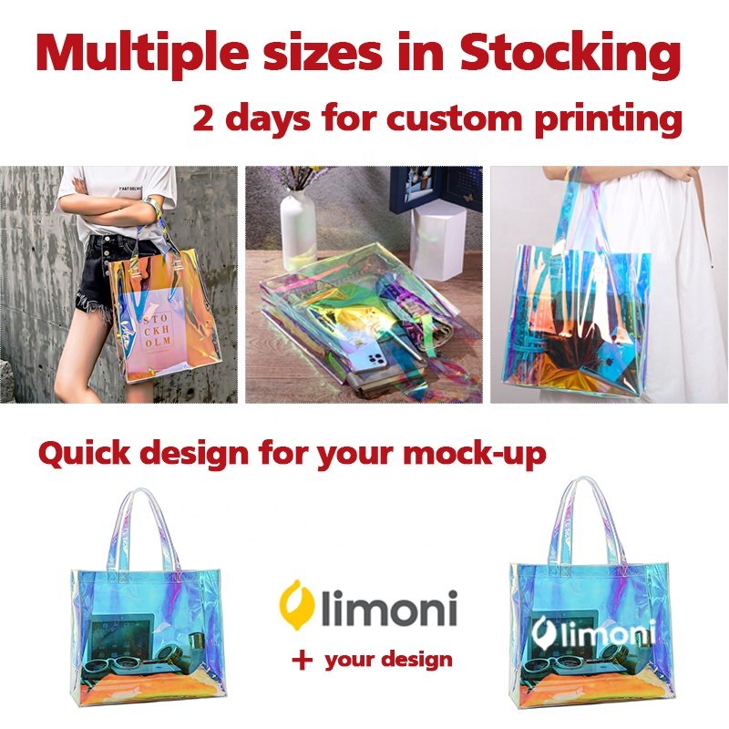 Custom Printed Logo Clear PVC Laser Tote Holographic Bag, Luxury Hologram Handle Bag Waterproof Pvc Iridescent Tote Shopping Bag
