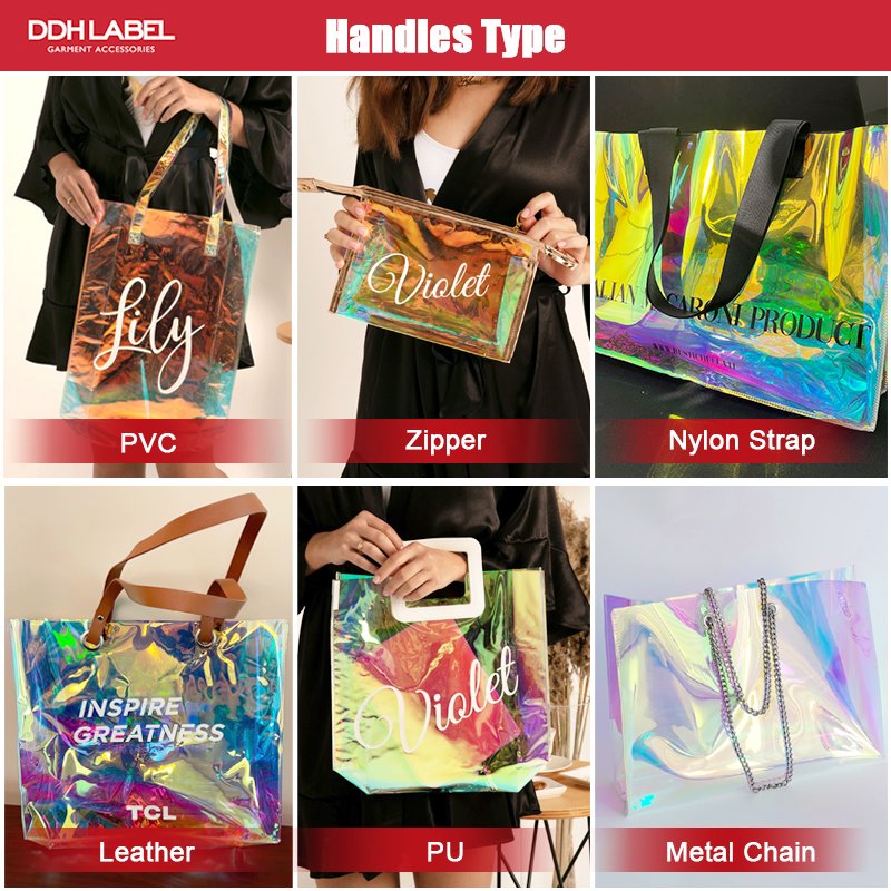 Custom Printed Logo Clear PVC Laser Tote Holographic Bag, Luxury Hologram Handle Bag Waterproof Pvc Iridescent Tote Shopping Bag