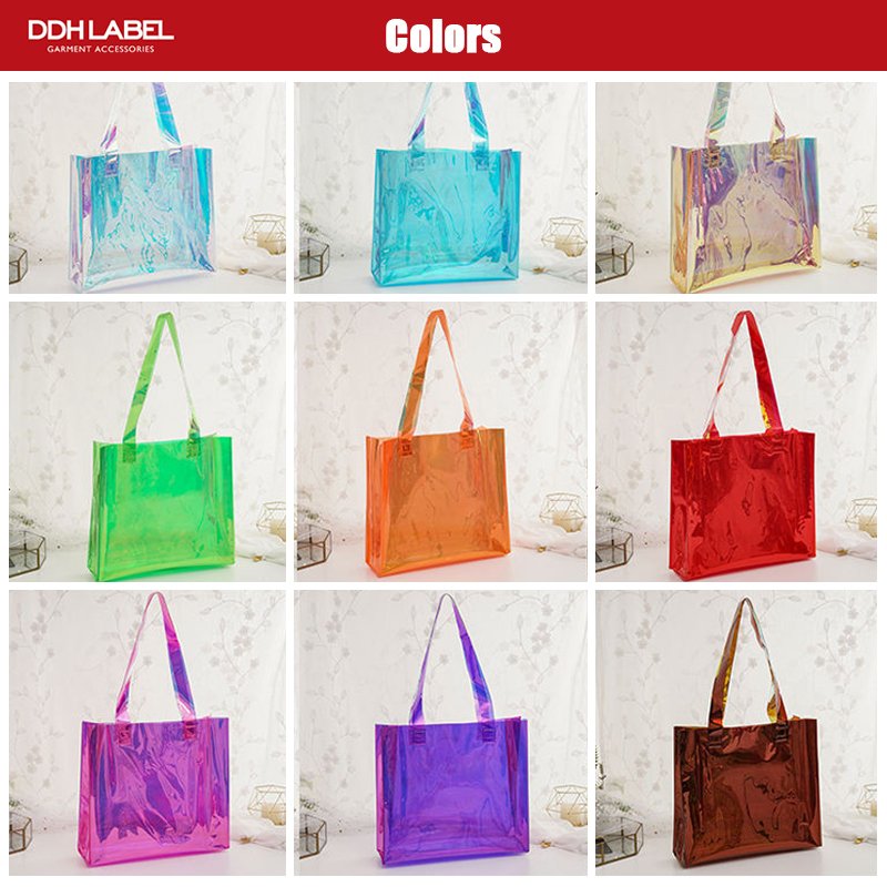 Custom Printed Logo Clear PVC Laser Tote Holographic Bag, Luxury Hologram Handle Bag Waterproof Pvc Iridescent Tote Shopping Bag