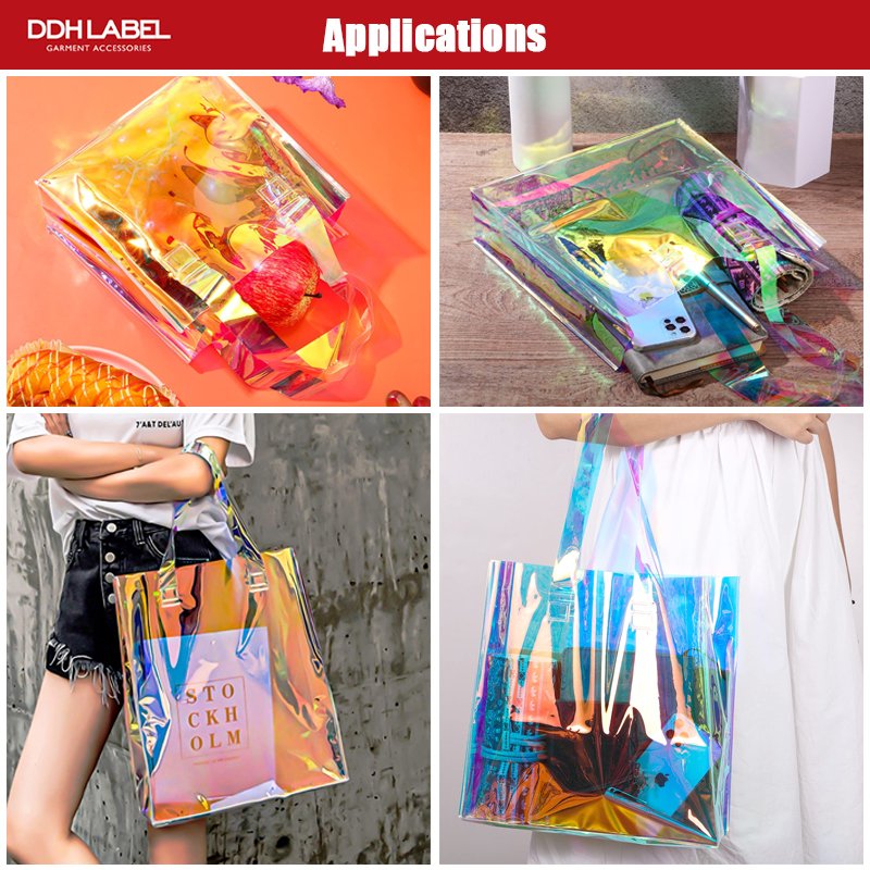 Custom Printed Logo Clear PVC Laser Tote Holographic Bag, Luxury Hologram Handle Bag Waterproof Pvc Iridescent Tote Shopping Bag