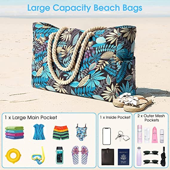 Large Tote Bag with Pockets Shoulder Bag Lightweight for Travel Hiking Beach Gym Swimming Pool Waterproof Material CMYK Printing