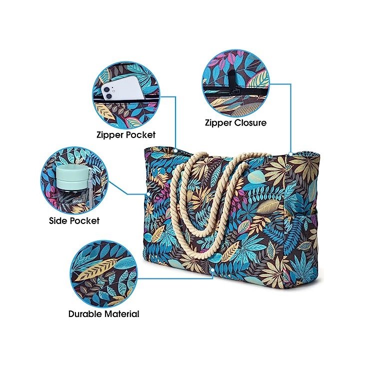 Large Tote Bag with Pockets Shoulder Bag Lightweight for Travel Hiking Beach Gym Swimming Pool Waterproof Material CMYK Printing