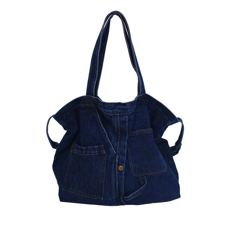 Women Casual Jean Color Tote Retro Denim Jeans Shoulder Bag Soft Jeans Shopping Bag Large Capacity Tote