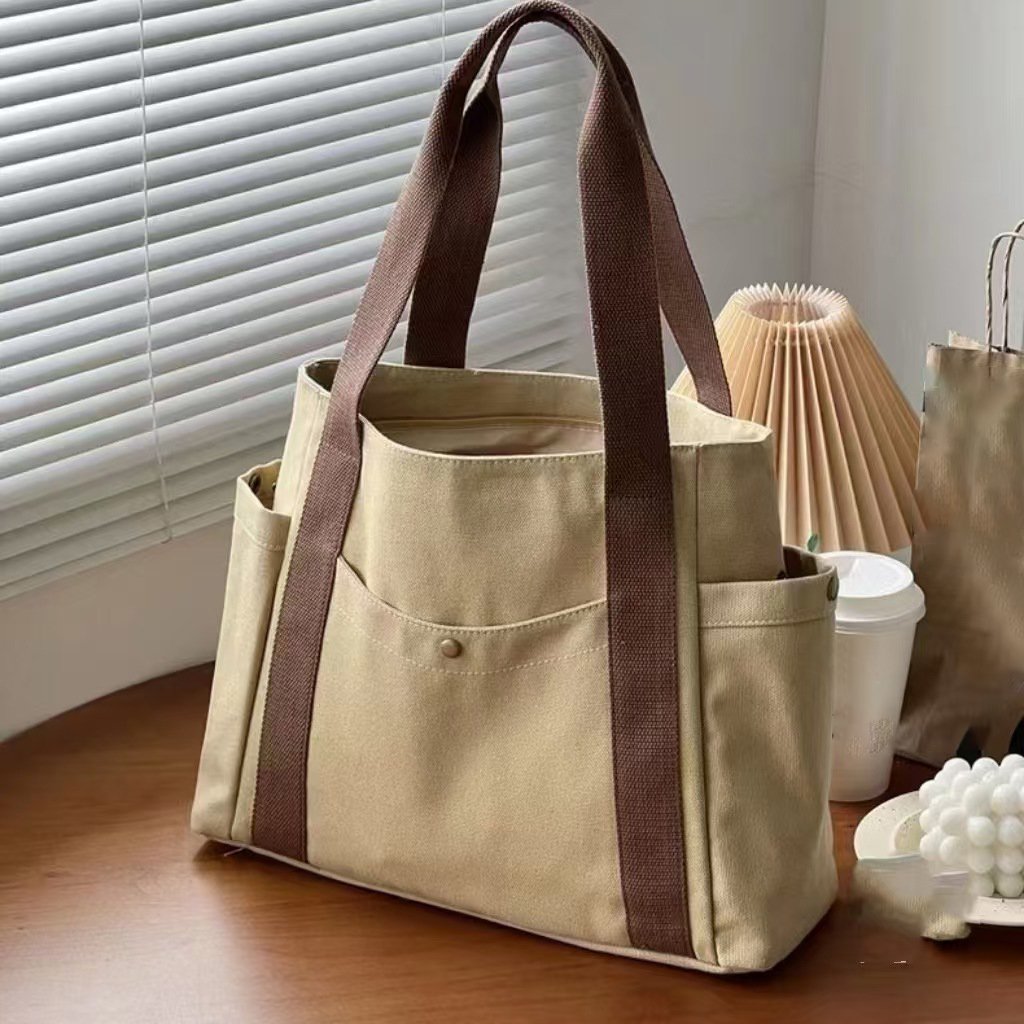 High Quality New Design Reusable Shopping Bag Multi Pocket Cotton Canvas Tote Bag for Women Shoulder Bag