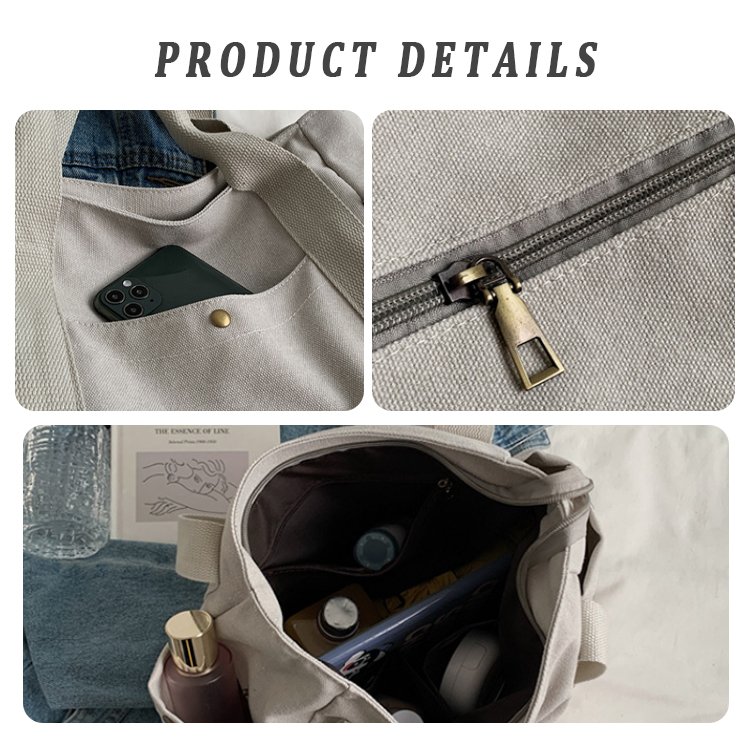 High Quality New Design Reusable Shopping Bag Multi Pocket Cotton Canvas Tote Bag for Women Shoulder Bag