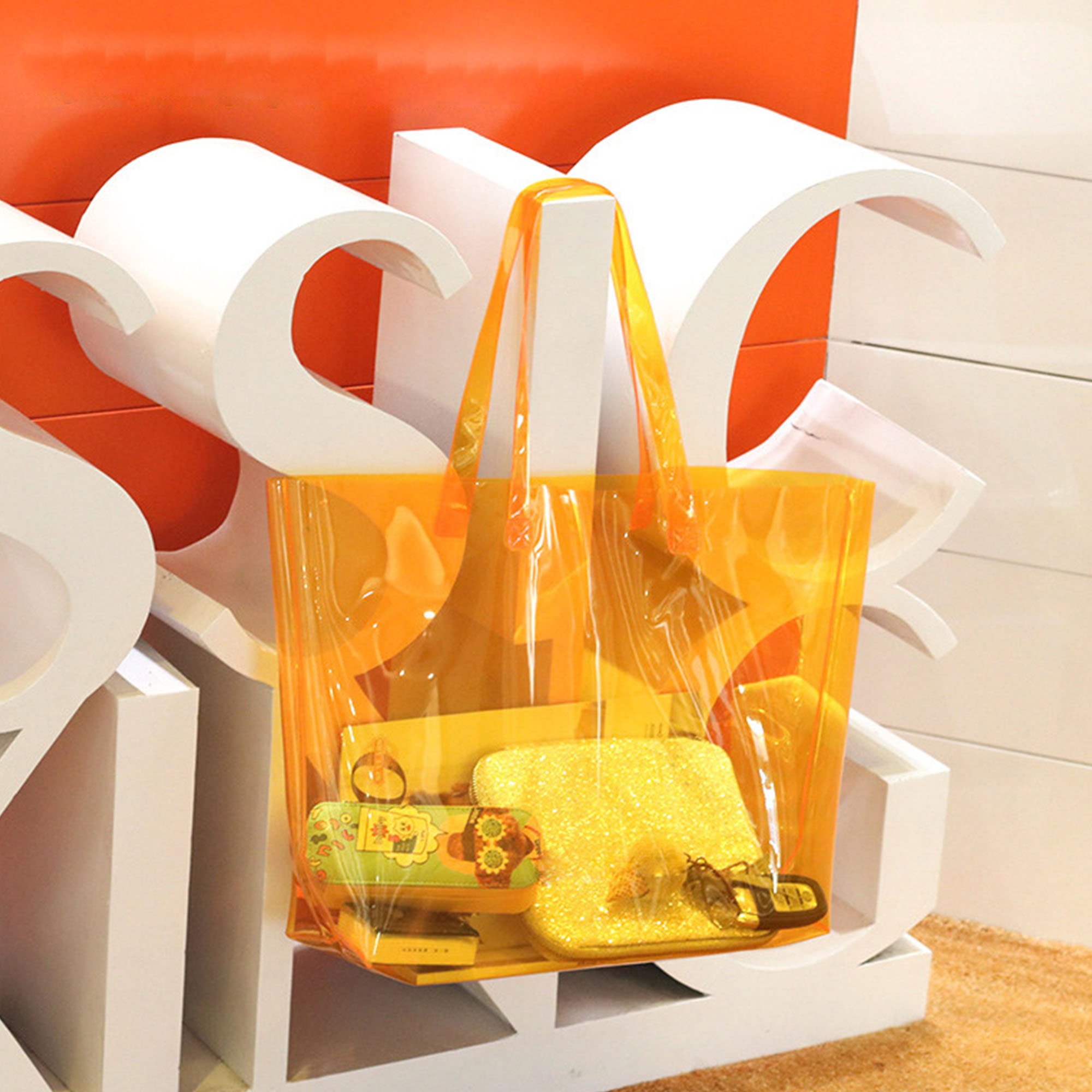2024 Hot Sale PVC Shoulder Handbags Candy Color Transparent Bags clear pvc shopping bag plastic beach tote bag